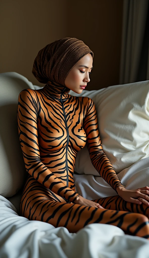 The most beautiful,thin,most pretty and clever malaysian muslimah adult girl wears ocelot+tiger print lycra turtleneck unitard catsuit covered with stripes.She always wear  ocelot+tiger print lycra dancewear stretchy square hijab covered with many stripes.She sleeps on the bed at night.