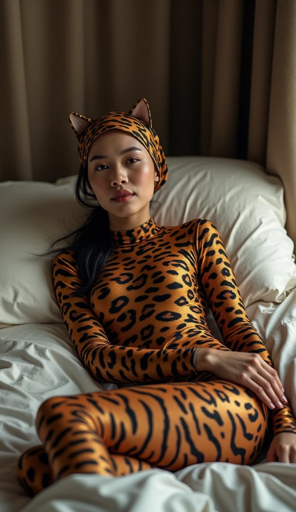 The most beautiful,thin,most pretty and clever malaysian muslimah adult girl wears ocelot+tiger print lycra turtleneck unitard catsuit covered with stripes.She always wear ocelot+tiger print lycra dancewear stretchy square hijab covered with many stripes.She sleeps on the bed at night.