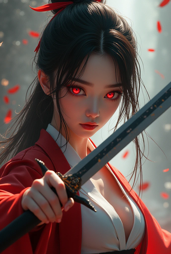 girl with red eyes and a sword in her hand, a character portrait inspired by Li Mei-shu, trending on cg society, fantasy art, 4k highly detailed digital art, 8k high quality detailed art, pop japonisme 3 d ultra detailed, stunning digital illustration, 3 d render character art 8 k, digital fantasy art ), beautiful digital artwork