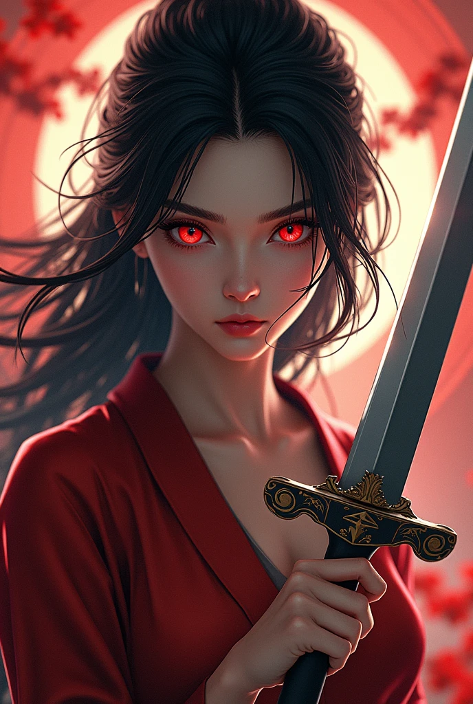 girl with red eyes and a sword in her hand, a character portrait inspired by Li Mei-shu, trending on cg society, fantasy art, 4k highly detailed digital art, 8k high quality detailed art, pop japonisme 3 d ultra detailed, stunning digital illustration, 3 d render character art 8 k, digital fantasy art ), beautiful digital artwork