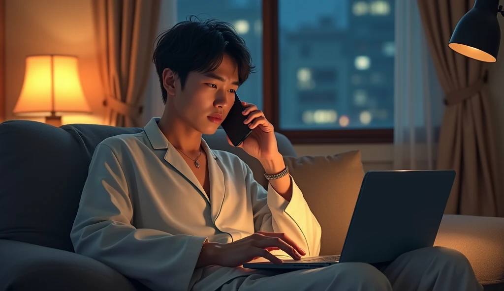 A Japanese salaryman relaxing with a drink in his living room after returning home from work, suddenly interrupted by an urgent call from the office, forcing him to reluctantly power on his laptop. The scene is realistic, showing the sudden shift from relaxation to concern, with a slightly tired expression on the salaryman’s face. He is seated on the sofa in loungewear, holding his phone in one hand while operating the laptop with the other. The background features a warmly lit living room, reflecting the unexpected busyness of the situation