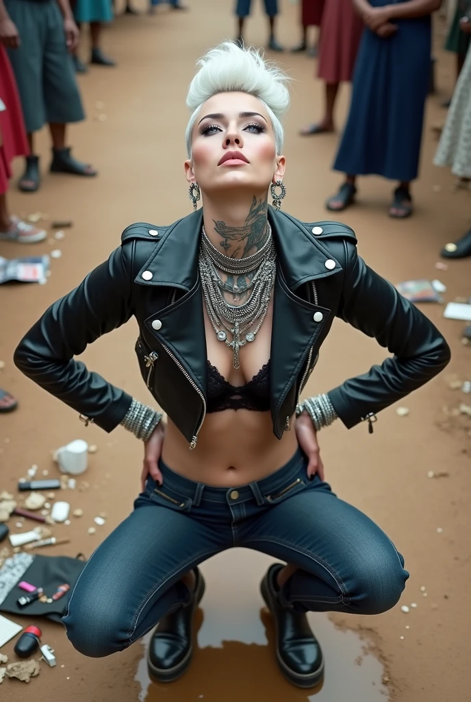 russian milf woman, grey  hair (high pompadour, top bun), with very light blue eyes, extremely pale skin. All neck tattooed. Hands and forearms all tattooed. Wearing cropped aged black moto jacket with lots of zippers and pins, flipped up collar.. black lace push up bra. Dark blue skinny  jeans.. flip flops. .  knees,  feet and muddy hands.  Squatting on a puddle with hands on her , looking up, chin up, stretching her neck , humble facial expression.  Black nail polish. studded black leather tote bag with chain on the floor, next to her.. Listening looking up in amazement to somebody speaking to her from the sky, upper teeth visible. Well toned abdominals, thin neck, slim legs and thin arms. Narrow  Cleavage, stomach, neck, and hands completely covered with tattoos. Dirt street in Kenyan village full of waste. Lots of silver bracelets, silver pendants,  and big pearl collars and necklaces around all the neck. A lot of tanned fat women  in traditional dresses around looking at her. next to her, all her belongings scattered on the floor: tobacco packs, makeup kit, little makeup mirror, studded black leather tote bag, lipstick, wallet, moble etc on the floor, point of view; from above