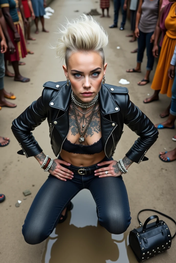 russian milf woman, grey hair (high pompadour, top bun), with very light blue eyes, extremely pale skin. All neck tattooed. Hands and forearms all tattooed. Wearing cropped aged black moto jacket with lots of zippers and pins, flipped up collar.. black lace push up bra. Dark blue skinny jeans.. flip flops. . Dirty knees, dirty feet and muddy hands. Squatting on a puddle with hands on her hips, looking up, chin up, stretching her neck , humble facial expression. Black nail polish. studded black leather tote bag with chain on the floor, next to her.. Listening looking up in amazement to somebody speaking to her from the sky, upper teeth visible. Well toned abdominals, thin neck, slim legs and thin arms. Narrow hips Cleavage, stomach, neck, and hands completely covered with tattoos. Dirt street in Kenyan village full of waste. Lots of silver bracelets, silver pendants, and big pearl collars and necklaces around all the neck. A lot of tanned fat women in traditional dresses around looking at her. next to her, all her belongings scattered on the floor: tobacco packs, makeup kit, little makeup mirror, studded black leather tote bag, lipstick, wallet, moble etc on the floor, point of view; from above