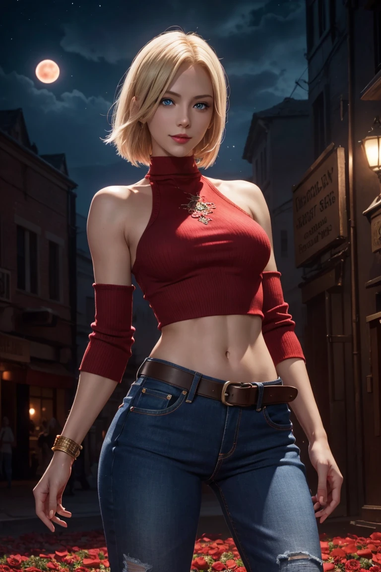 KOF,King of Fighters,Blue Mary,Blue Eyes,Blonde Hair,Medium Hair,Beautiful white skin,Photorealistic,Ultra HD,high quality,masterpiece,Digital SLR,Detailed details,Intricate details,Anatomical basis,Depicted in detail,A detailed face,Realistic skin texture,Vivid details,Perfect Anatomy,Perfect Anatomy,Anatomically correct hand,Anatomically correct fingers,Super Detail,Complex 3D rendering,Sexy pose,Red knitted tops,No sleeve,jeans,Fantasy worldview,Beautiful red sea,Beautiful Red Moon,Beautiful night sky,Petals of roses dance,Picturesque,Pink Lips,smile,