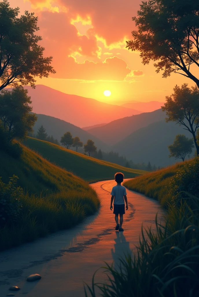 Boy walking back home, the sun setting in the background, as the screen fades to black.