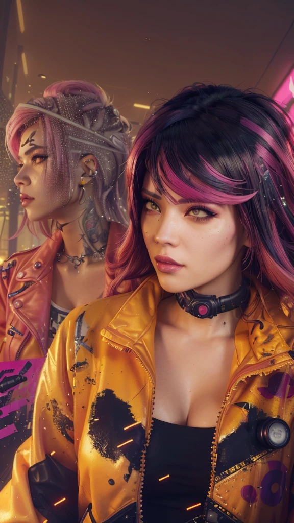 there is a woman with a yellow jacket and pink hair, cyberpunk judy alvarez, cyberpunk jackie welles, the cyberpunk girl portrait, cyberpunk femme fatale, stylized urban fantasy artwork, hyper-realistic cyberpunk style, cyberpunk art style, cyberpunk style , hyperrealistic, cyberpunk artstyle, photorealistic artstyle, realistic artstyle, cyberpunk digital painting, in cyberpunk style