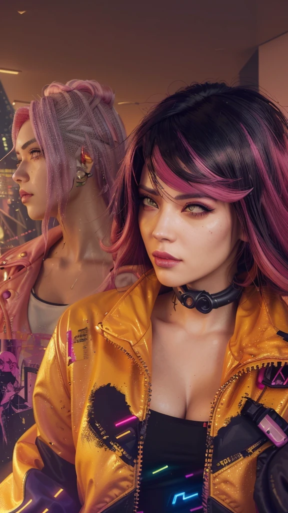 there is a woman with a yellow jacket and pink hair, cyberpunk judy alvarez, cyberpunk jackie welles, the cyberpunk girl portrait, cyberpunk femme fatale, stylized urban fantasy artwork, hyper-realistic cyberpunk style, cyberpunk art style, cyberpunk style , hyperrealistic, cyberpunk artstyle, photorealistic artstyle, realistic artstyle, cyberpunk digital painting, in cyberpunk style