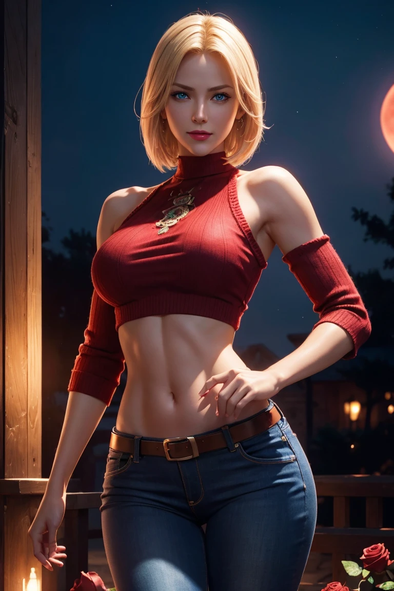 KOF,King of Fighters,Blue Mary,Blue Eyes,Blonde Hair,Medium Hair,Beautiful white skin,Photorealistic,Ultra HD,high quality,masterpiece,Digital SLR,Detailed details,Intricate details,Anatomical basis,Depicted in detail,A detailed face,Realistic skin texture,Vivid details,Perfect Anatomy,Perfect Anatomy,Anatomically correct hand,Anatomically correct fingers,Super Detail,Complex 3D rendering,Sexy pose,Red knitted tops,No sleeve,jeans,Fantasy worldview,Beautiful red sea,Beautiful Red Moon,Beautiful night sky,Petals of roses dance,Picturesque,Pink Lips,smile,