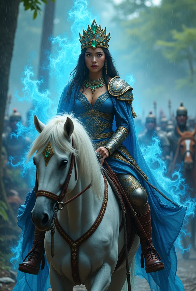 Beautiful 1 Javanese girl. With blue flames emitting from behind his body. His gaze is sharp but sad. Big breasted in 16th century Javanese war clothes. Set against a green forest background with a light drizzle. Riding a running white horse. His hand carried a sword and a shield. Using a golden silver colored war cloak with a blue crown filled with green gems. Wearing an 8-pointed star necklace.  Controlled by hundreds of troops behind him