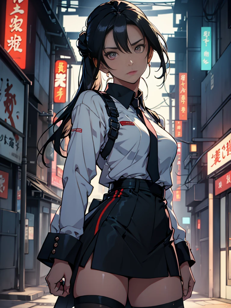 One adult woman with narrow eyes,career woman,business suit,Tight skirt,pumps,lawyer,cool,gauze, Forehead,Anatomically correct, accurate, masterpiece, Highest quality, Winner of numerous awards, Textured skin, retina, retina, Black Hair, Half-up hairstyle, solemn, Column Lineup,Cinematic light effects, Anime Style, Japanese illustration style, Half-up hairstyle, Very adult