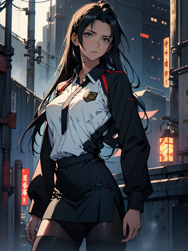 One adult woman with narrow eyes,career woman,business suit,Tight skirt,pumps,lawyer,cool,gauze, Forehead,Anatomically correct, accurate, masterpiece, Highest quality, Winner of numerous awards, Textured skin, retina, retina, Black Hair, Half-up hairstyle, solemn, Column Lineup,Cinematic light effects, Anime Style, Japanese illustration style, Half-up hairstyle, Very adult