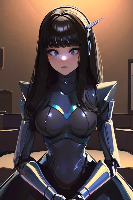 (masterpiece),(Highest quality),(Super detailed),(Best illustrations),(Best Shadow),(Absurd),(Detailed Background),(so beautiful), 16K, 8K, 4K,(Best Shadow),empty eyes,robotization,woman ,big bust,Robot Joint ,Metal skin,Black Suit,long hair,a black suit that covers the whole body