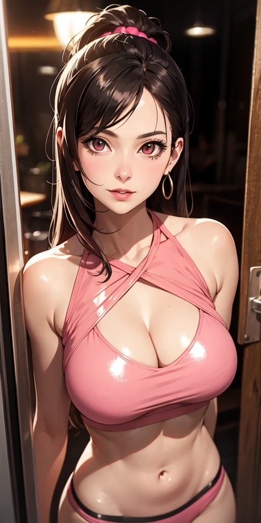 araffed woman in a pink top posing for a picture, big breasts, smooth skin, gorgeous model, wlop glossy skin, pink body, goddess, seductive tifa lockhart, wearing sequin shiny bikini top, cleavage, with shiny skin, beautiful girl, photorealistic perfect body, shiny glossy skin