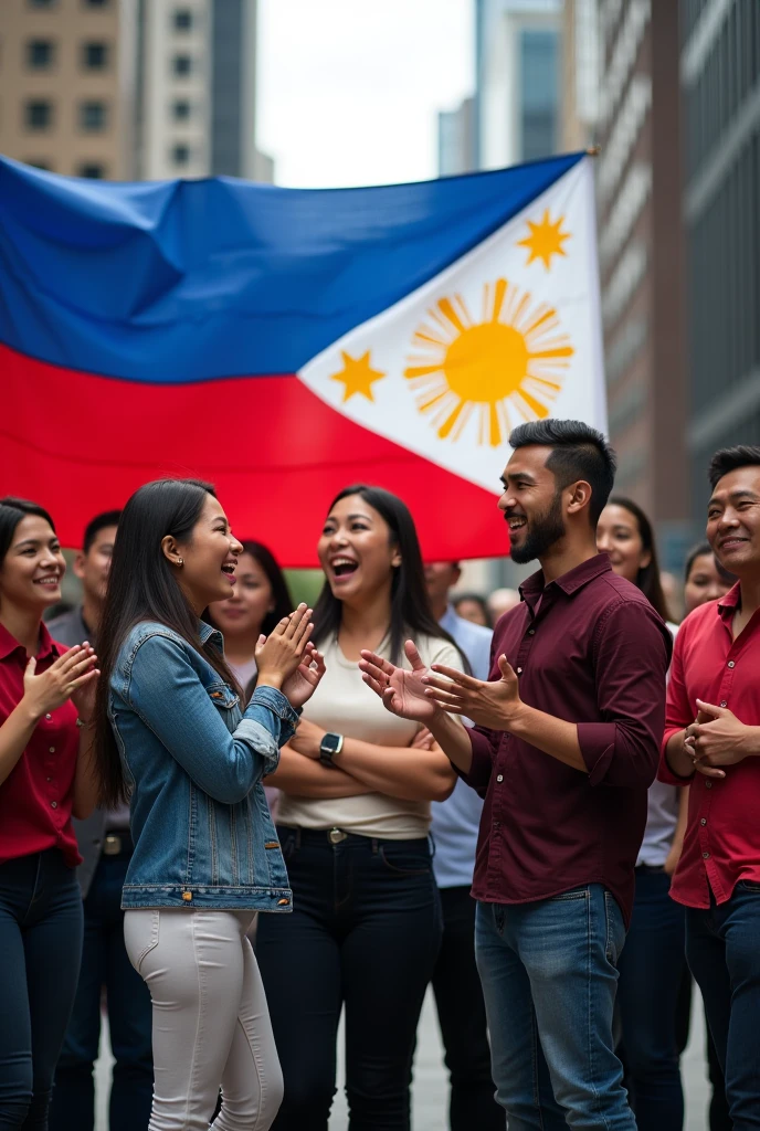 filipinos with Philippine flag speaking