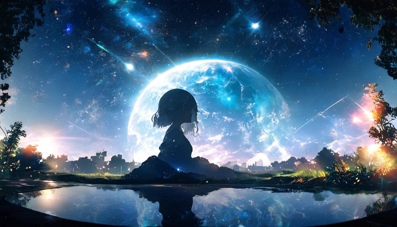 masterpiece, Concept Art, Panorama, in the center, shape, Wide Shot, garden, night, (meteor), Space galaxy background, (Great composition, Epic Scale), Dynamic Lighting, Bright colors, Blue rose,Landscape Long Eyelashes, Round eyes, Silver Hair, Half-closed eyes, sad, Cast a Shadow, Anaglyph, Stereogram, tachi-e, Atmospheric perspective, Wide Shot, reflected light, 8k, Super Detail, Highest quality, Anatomically correct