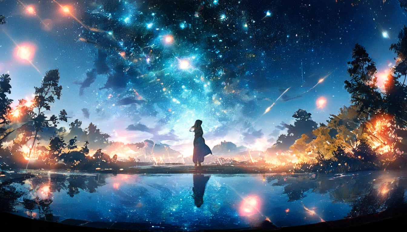 masterpiece, Concept Art, Panorama, in the center, shape, Wide Shot, garden, night, (meteor), Space galaxy background, (Great composition, Epic Scale), Dynamic Lighting, Bright colors, Blue rose,Landscape Long Eyelashes, Round eyes, Silver Hair, Half-closed eyes, sad, Cast a Shadow, Anaglyph, Stereogram, tachi-e, Atmospheric perspective, Wide Shot, reflected light, 8k, Super Detail, Highest quality, Anatomically correct