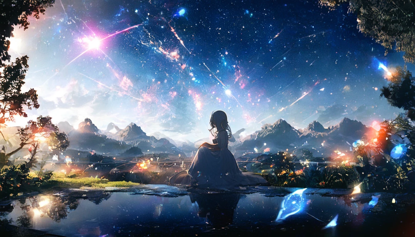 masterpiece, Concept Art, Panorama, in the center, shape, Wide Shot, garden, night, (meteor), Space galaxy background, (Great composition, Epic Scale), Dynamic Lighting, Bright colors, Blue rose,Landscape Long Eyelashes, Round eyes, Silver Hair, Half-closed eyes, sad, Cast a Shadow, Anaglyph, Stereogram, tachi-e, Atmospheric perspective, Wide Shot, reflected light, 8k, Super Detail, Highest quality, Anatomically correct