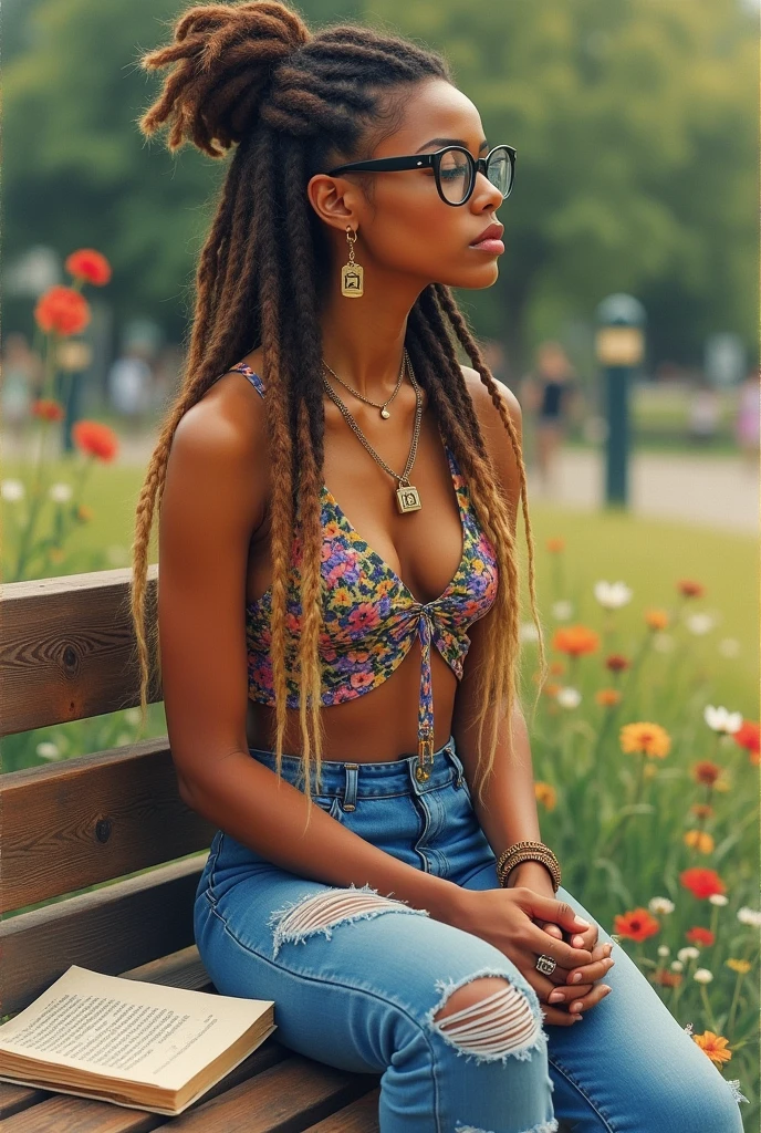 Aquarelle photoréaliste hyper détaillée avec un style de croquis teinté à l'huile d'une jeune femme afro-samoane, des locks ombrés bruns et blonds ornés de bijoux de locks, assise sur un banc en bois un livre posé près d'elle, capturée sous un angle bas et légèrement surélevé. Elle porte de grandes lunettes rondes, un maquillage des yeux subtil, un haut licou coloré, un jean vieilli, un bracelet délicat. L'arrière-plan présente un décor extérieur dans un magnifique parc avec des fleurs sauvages floues et une surface herbeuse. L'image dégage une ambiance réfléchie et intime, capturant un moment de contemplation tranquille avec une ambiance éclectique urbaine réfléchie.