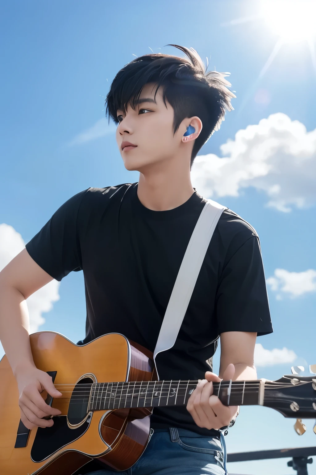 Short spiky hair、male、Handsome、Under the blue sky、Playing electric guitar、Short sleeves、Black Hair、Asian、Wearing a wristband on one's arm、