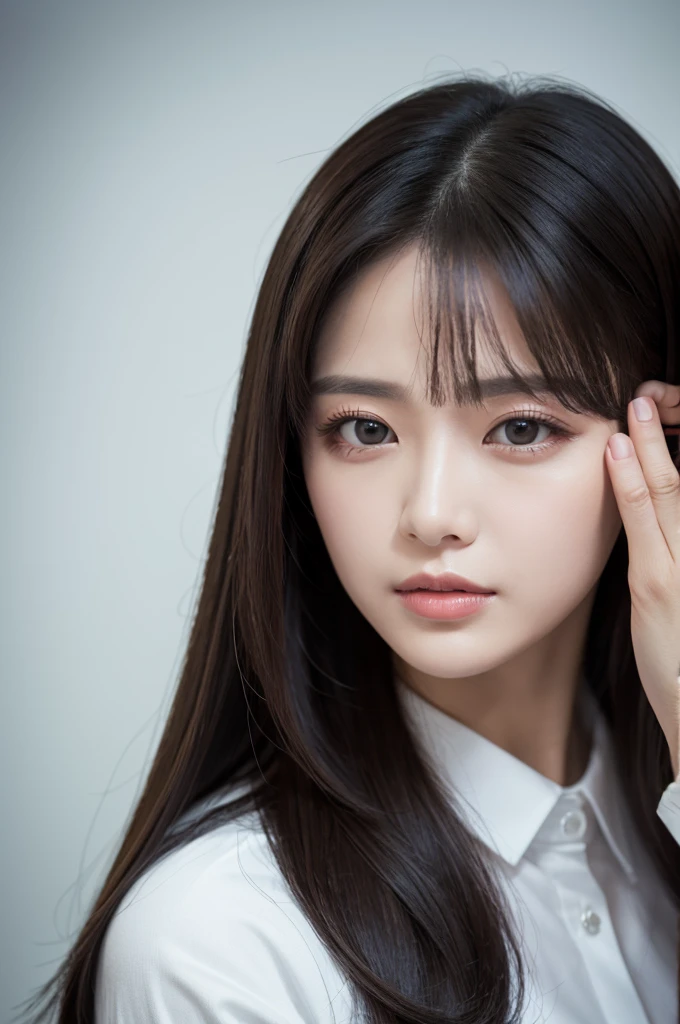 A woman with a center part and sharp eyes