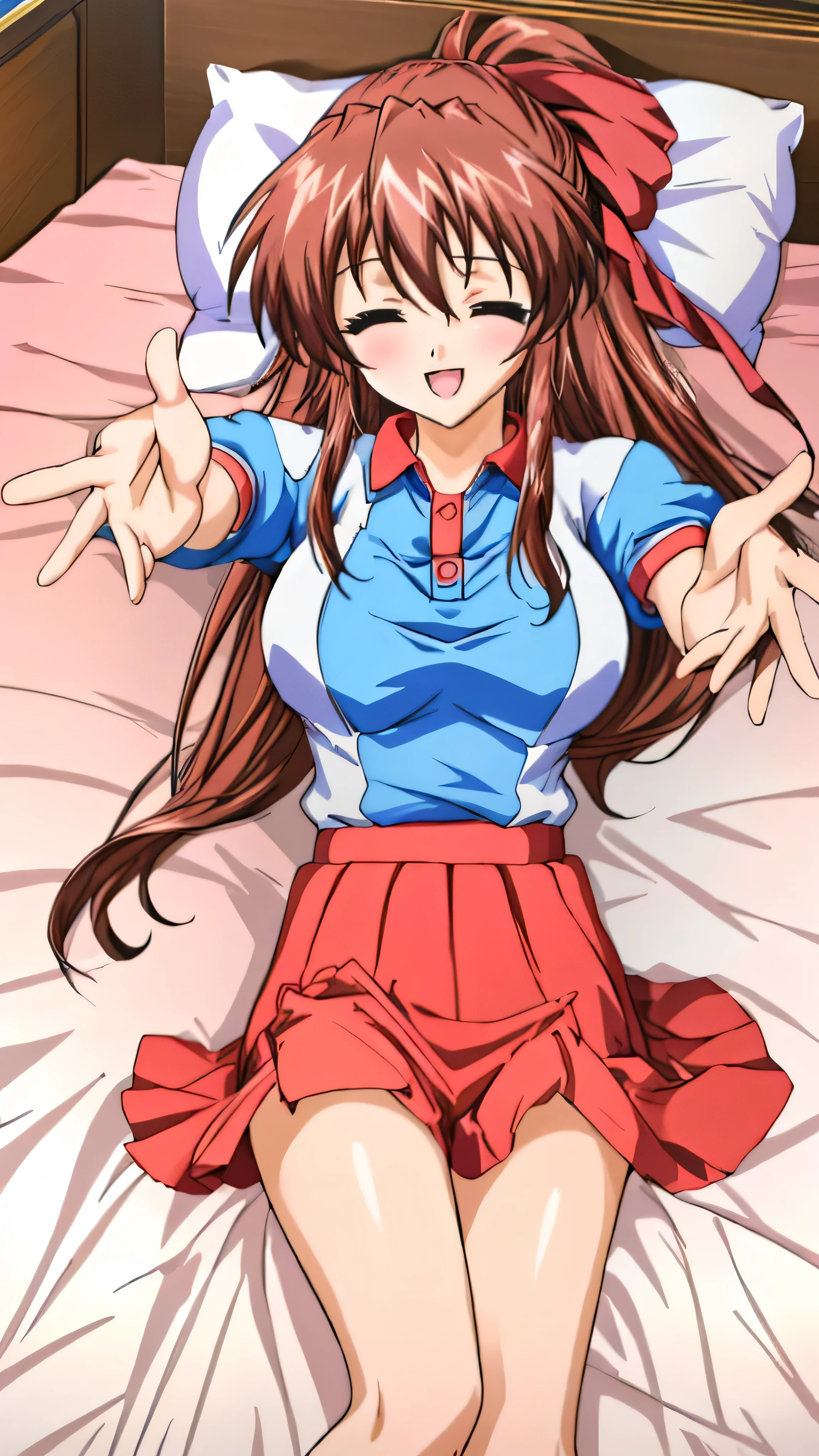 (Anime artwork, Anime Style, Studio Anime, Very detailed, up to date,、 Vibrant, Anime Coloring Book, High Contrast, masterpiece:1.3, Highest quality, Best aesthetics), (Beautiful and detailed:1.2), Aoi Tennis, 1girl, Hair Ribbon, Tennis uniform, Polo shirt, Raglan sleeves, Pleated skirt, Red Skirt,(((lie side on the bed:1.3), (Cute Smile Open your mouth, open your eyes, incoming hug:1.2, reaching towards viewer:1.2,Two Arms))), From the side, No pants, pink panties,