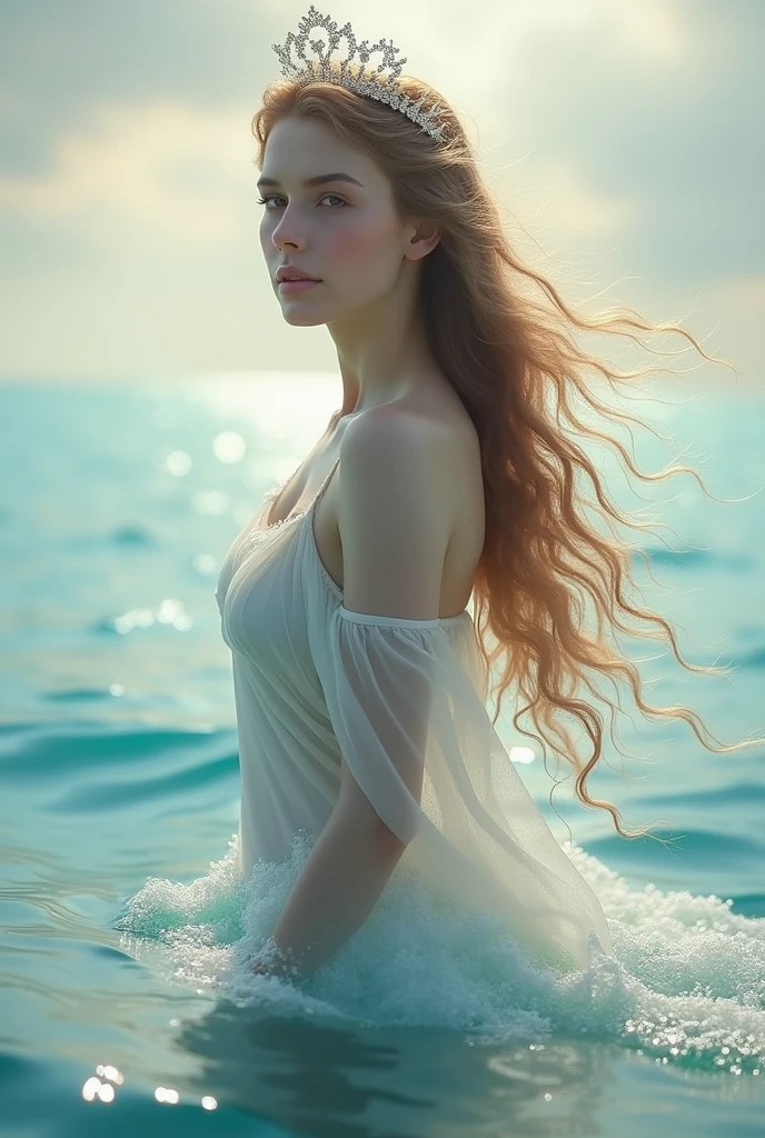 sea background, with pink would be with long wavy hair and light brown，crown on head，full body photo