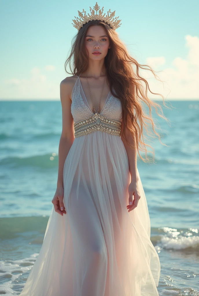 sea background, with pink would be with long wavy hair and light brown,crown on head,full body photo