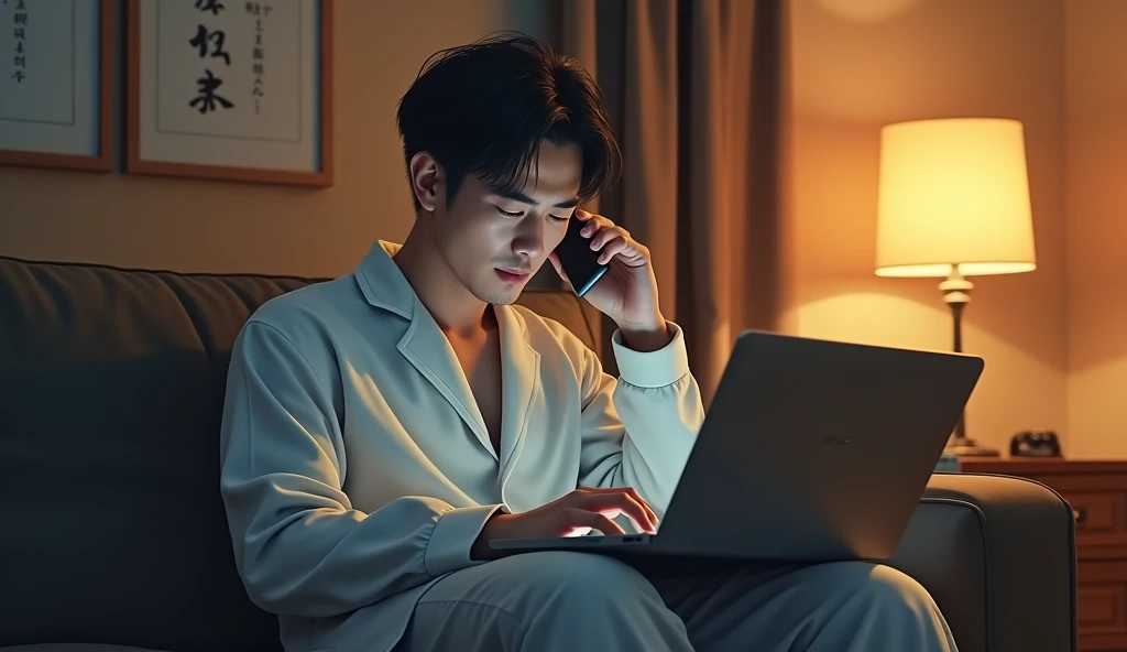 A Japanese salaryman relaxing with a drink in his living room after returning home from work, suddenly interrupted by an urgent call from the office, forcing him to reluctantly power on his laptop. The scene is realistic, showing the sudden shift from relaxation to concern, with a slightly tired expression on the salaryman’s face. He is seated on the sofa in loungewear, holding his phone in one hand while operating the laptop with the other. The background features a warmly lit living room, reflecting the unexpected busyness of the situation