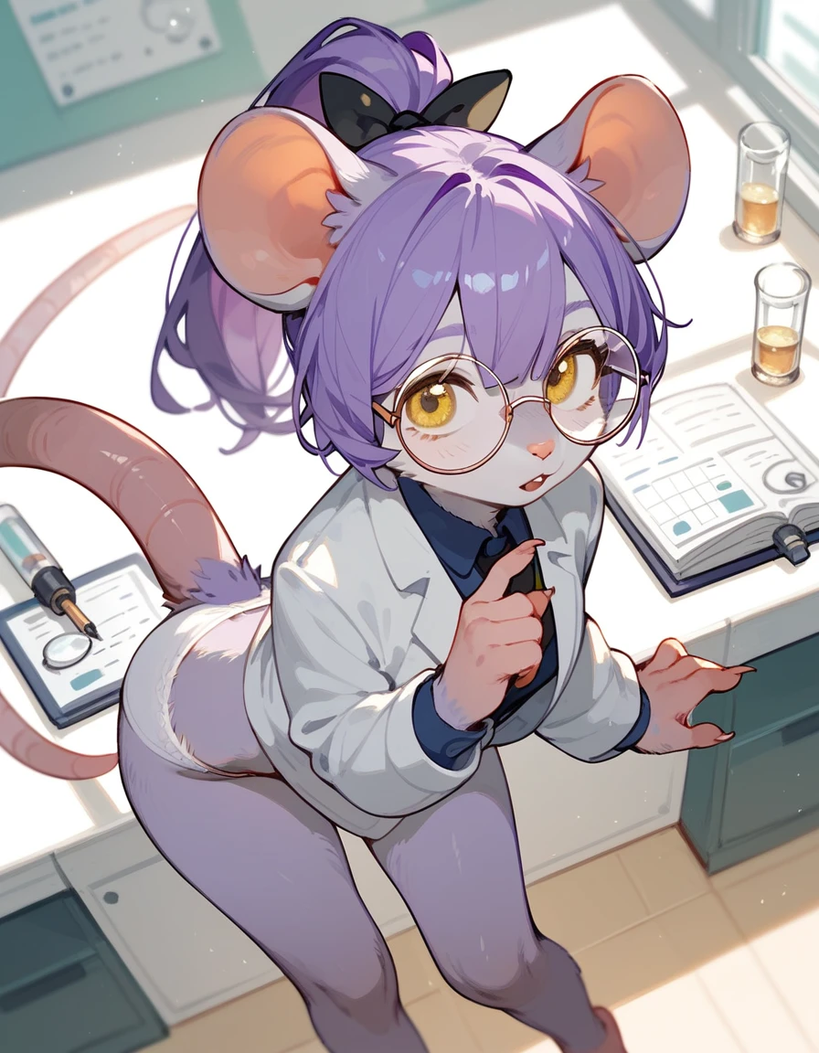 (best quality:1.1), (masterpiece:1.2), (solo), (full body), looking at viewer, ((white fur)), (messy long white hair), red eyes, ((cat girl)), ((white jacket, pet collar)), ((naked)), barefoot, ((mad widen eyes)), ((mad smile)), mad expression, staring the viewer, laboratory background