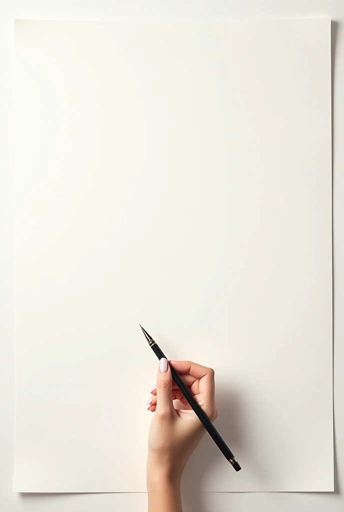 a female hand in the bottom of the paper holding a pen in a long size paper (no words written).