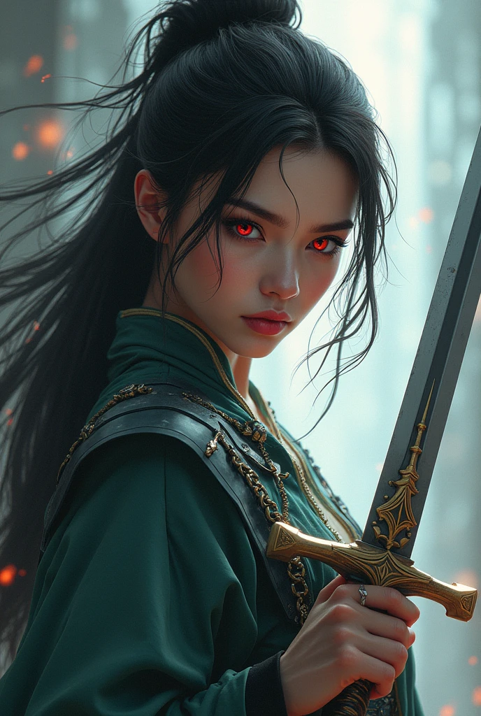 girl with red eyes and a sword in her hand, 4k highly detailed digital art, 8k high quality detailed art, pop japonisme 3 d ultra detailed, stunning digital illustration, 3 d render character art 8 k, digital fantasy art ), beautiful digital artwork, the dragon girl portrait, hyperdetailed fantasy character, deviantart artstation cgscosiety