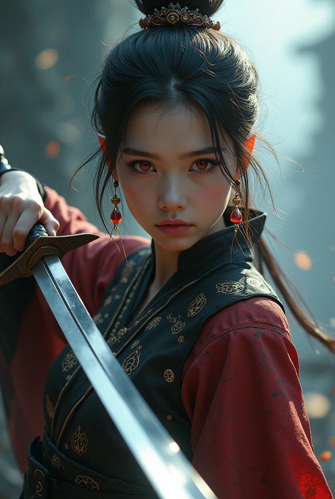 girl with red eyes and a sword in her hand, 4k highly detailed digital art, 8k high quality detailed art, pop japonisme 3 d ultra detailed, stunning digital illustration, 3 d render character art 8 k, digital fantasy art ), beautiful digital artwork, the dragon girl portrait, hyperdetailed fantasy character, deviantart artstation cgscosiety