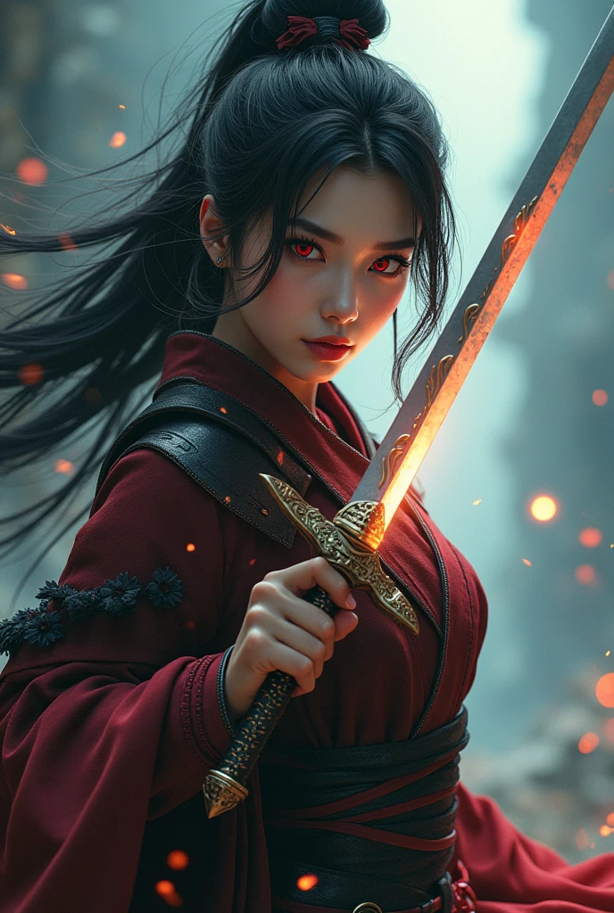 girl with red eyes and a sword in her hand, 4k highly detailed digital art, 8k high quality detailed art, pop japonisme 3 d ultra detailed, stunning digital illustration, 3 d render character art 8 k, digital fantasy art ), beautiful digital artwork, the dragon girl portrait, hyperdetailed fantasy character, deviantart artstation cgscosiety