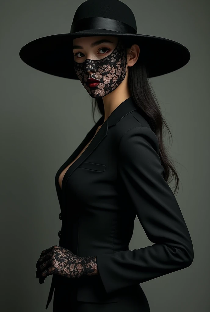 A Japanese woman wearing a full-head black lace mask that covers her mouth and nose and cuts out only for the eyes、Long black lace gloves、Black Suit、Elegant wide brim black hat