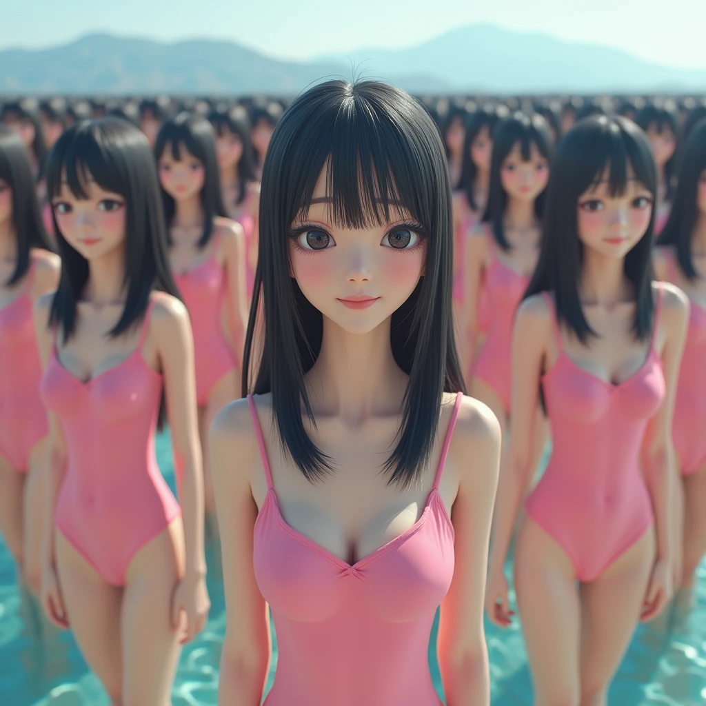 (((((Japanese Clone-girls=Myself))))), (((Super Best masterpiece Clone-girls Raw Photography Art))), (((16K, Highest quality, Ultra-high resolution, RAW Photos))), (((It's so unrealistic., With unparalleled depiction, With an unfathomable sight, An unprecedented and shocking worldview, Clone-girls: In a world of mass reproduction, Ultra-realistic))), (((Japanese Girls, Sasaki Nozomi, 28yo, Small face, Thick black hair, Medium to long hair, Dark Eyes, Mature face, Cute Smile, Smiling face, A gentle gaze, (((Very happy laughter)))))), (((Very beautiful detailed girls, Accurate body structure, Accurate body movements, Very detailed body, (((Super big breasts, Large bulge of ample breasts)))))), (((Pink swimsuit, Cleavage Emphasis, Emphasise the fullness of your breasts))), ((((((((Very detailed, Myself cloning, Depiction of splitting oneself, 1Myself girl→1,000,000,000,000,000,000,000,000,000,000Myself cloning girls)))))))), (((((((Myself clone-girlsから, Myself keeps multiplying, (Very detailed and intricate, To the exact, Flawless, (((In the same female body,With the same face, With the same hairstyle, In the same clothes, At the same height, 同じSuper big breastsである))), In a detailed depiction), 1,000,000,000,000,000,000,000,000,000,000 people))))))), (((((Myself girls only))))), (((((1,000,000,000,000,000,000,000,000,000,000Myself girls))))), (((((Very detailed depiction, Multiple or more Myselves, Physical contact, Pleasant conversation, Holding hands, Hug, walk, Turn around, Shift your gaze))))), (((Very detailed, Extremely crowded, Body-to-body contact with no gaps))), (Bright and soft light), (((((Clear and accurate perspective depiction, super wide view, Ultra-wide field of view, Focus on the average value of the image))))), とてもIn a detailed depiction, It's all a crowd of myself, Having fun at the water's edge, Soaking wet, Under the crotch, (Depicted as a giant girl, Looking up at Myself from the water)
