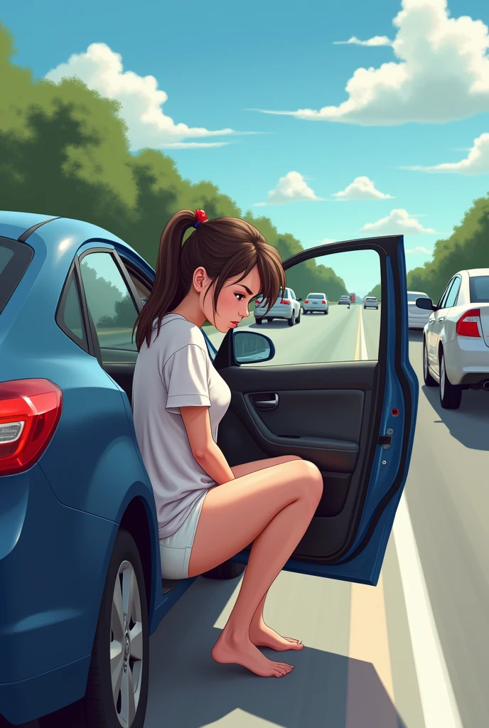 A teenage girl is urinating very urgently, side of the freeway with her pants and panties palled all way down) ( sitting on car with the open car door to hide herself. (She made her parents pull over the car in from of traffic for pit stop) couldn’t hold it any longer