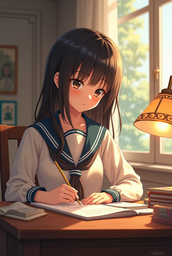 masterpiece, ultra real, anime, girl, in the room, doing homework, just use thank top