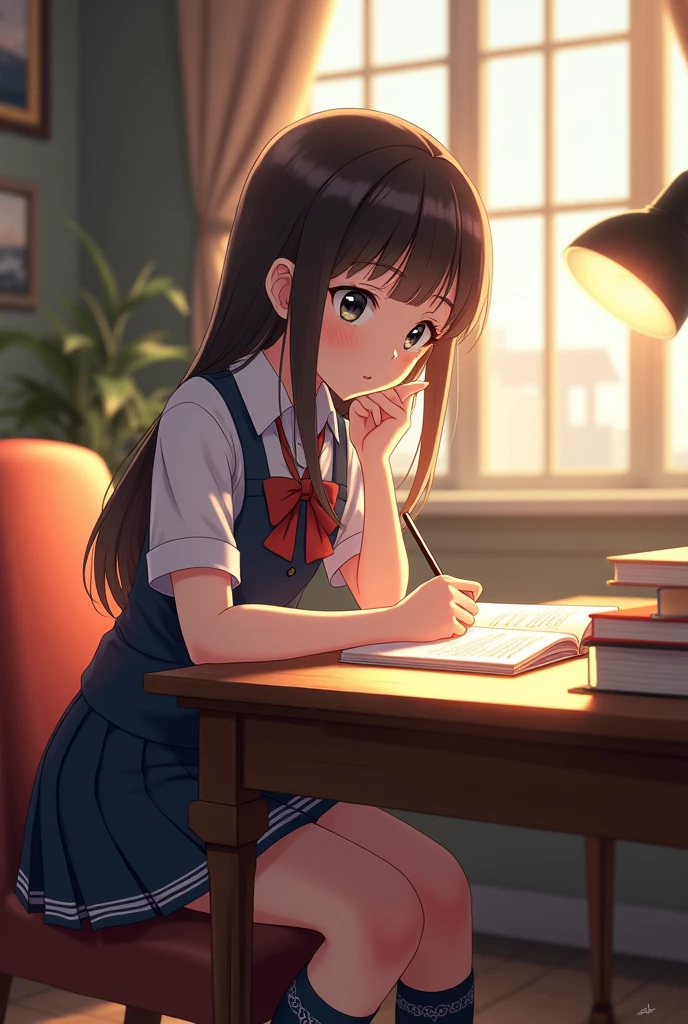 masterpiece, ultra real, anime, girl, in the room, doing homework, just use thank top