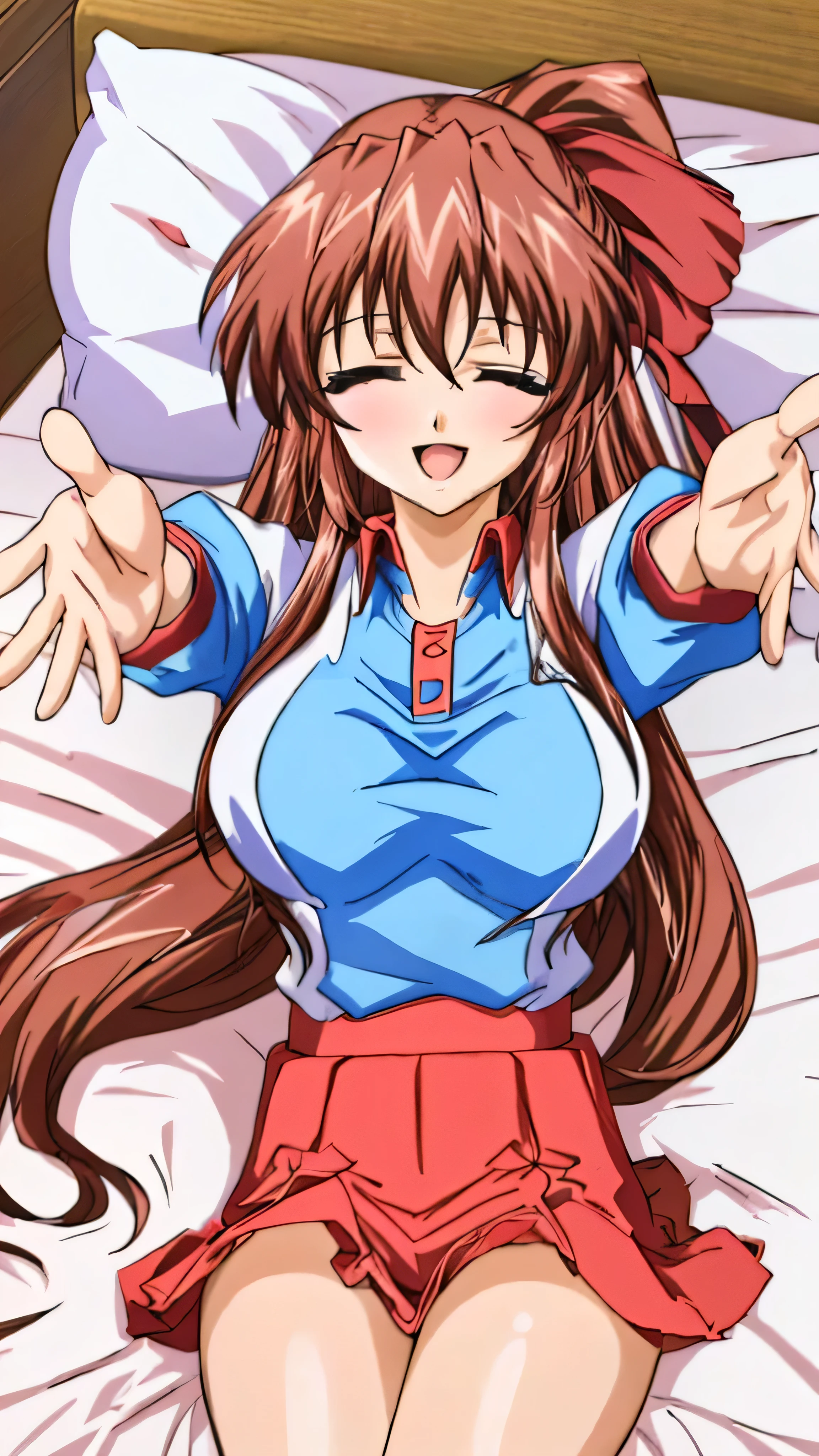 (Anime artwork, Anime Style, Studio Anime, Very detailed, up to date,、 Vibrant, Anime Coloring Book, High Contrast, masterpiece:1.3, Highest quality, Best aesthetics), (Beautiful and detailed:1.2), Aoi Tennis, 1girl, Hair Ribbon, Tennis uniform, Polo shirt, Raglan sleeves, Pleated skirt, Red Skirt,(((lie side on the bed:1.3), (Cute Smile Open your mouth, open your eyes, incoming hug:1.2, reaching towards viewer:1.2,Two Arms))), From the side, No pants, pink panties,