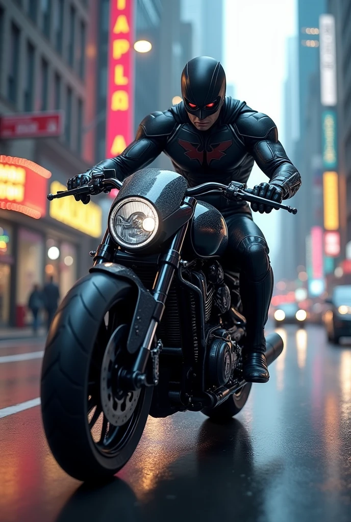 Super hero with black bike in town