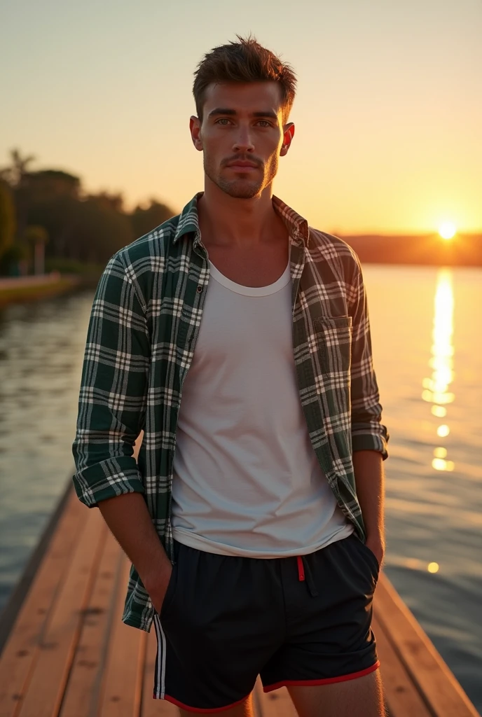 A white man, aged 36, model type, with short dark hair, with clear eyes, wearing a white shirt underneath a green and white shirt, black swimming trunks with red stripe, tennis, on top of a pier on a lake in Alentejo, at sunrise.