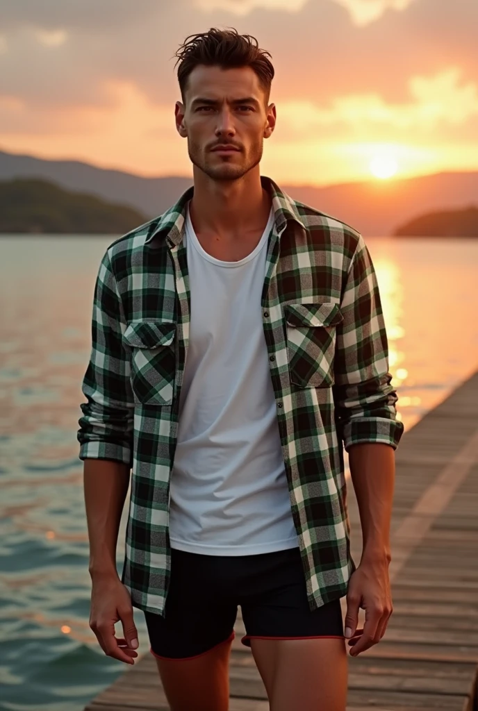 A white man, aged 36, model type, with short dark hair, with clear eyes, wearing a white shirt underneath a green and white shirt, black swimming trunks with red stripe, tennis, on top of a pier on a lake in Alentejo, at sunrise.