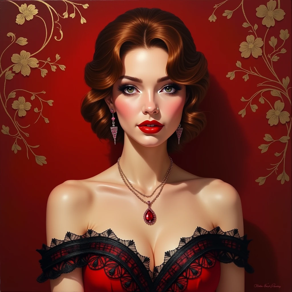 High-quality realistic acrylic art, vivid colors, A captivating photograph of a woman with dark auburn hair styled elegantly in an intricate updo. A few curls frame her face, accentuating her striking features. She dons a bold red gown with an off-the-shoulder neckline, adorned with exquisite black lace details. A stunning ruby pendant drapes around her neck, catching the light and drawing attention. The background is a rich crimson hue, adorned with subtle gold floral patterns, creating an atmosphere of passion and drama.