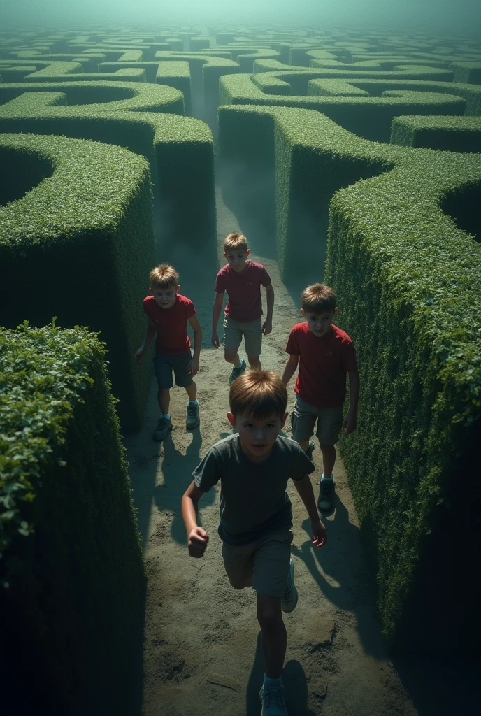 3 boys and a girl are trying to escape from the maze 