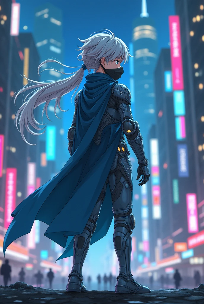 Create a boy with futuristic armor without a helmet, with a mask IN HIS MOUTH the boy has long white hair with cyan blue highlights combed in a ponytail, set in a cyberpunk era posing heroically seen from a back angle at night watching the city ANIME STYLE