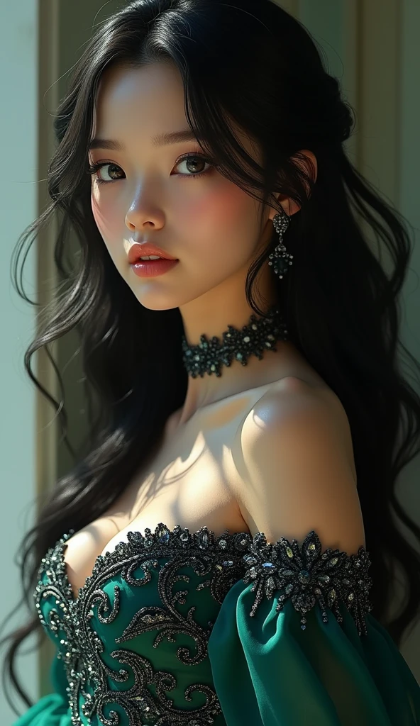 1 girl, beautiful Hooded dress, long silky hair, deeb black hair, High Resolution, Breasts, Blush, Earrings, Blue eyes, complex detailed eyes, royal green dress with black crystals, side view, cleavage, long chest opening, side boob