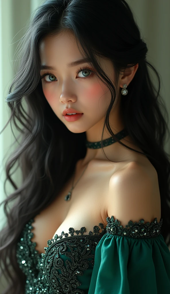 1 girl, beautiful Hooded dress, long silky hair, deeb black hair, High Resolution, Breasts, Blush, Earrings, Blue eyes, complex detailed eyes, royal green dress with black crystals, side view, cleavage, long chest opening, side boob
