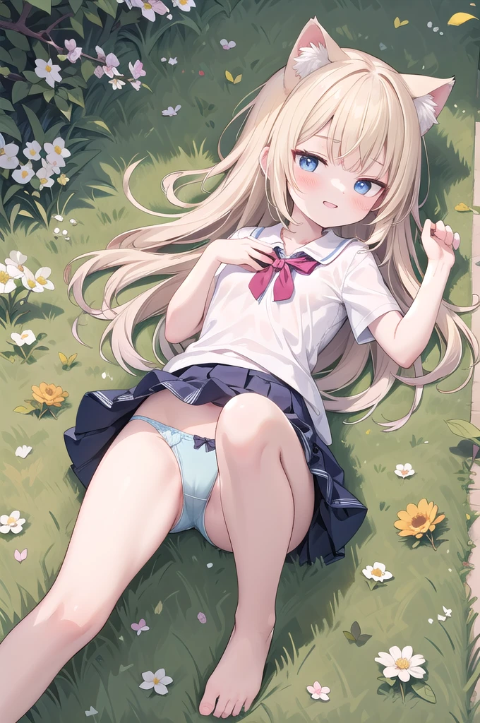 small breasts,(kid, child:1),solo,blue eyes,blonde hair,cat ears,long hair,smile,blush,parted lips,
white shirt,yellow short skirt,bow,
lying,grass,sunlight,Butterfly,flower,Leaf,Looking from top to bottom,Medium Full Shot,depth of field,pleated,Ruffle,no shoes,Blue panties,Open your leg