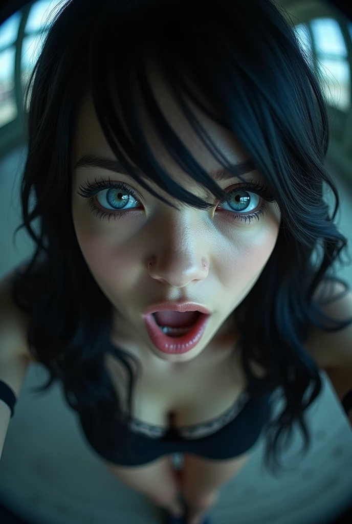 One person, Open your mouth a little, blue eyes, Fisheye Shot, accessories, Black Hair, Shortcuts, High resolution,