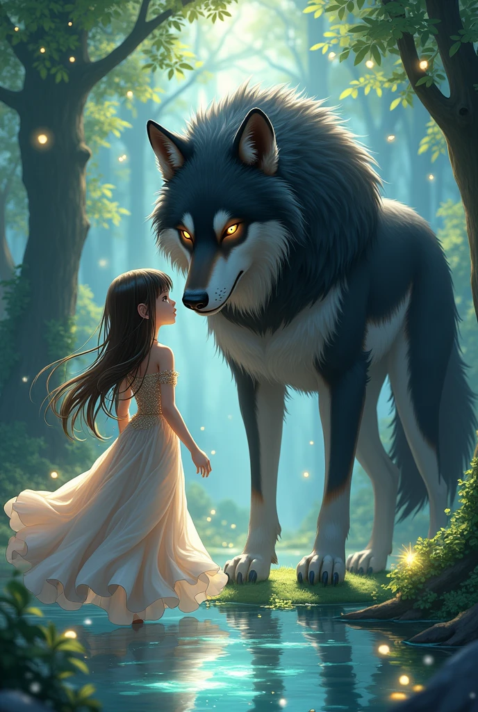 A anime girl dress 👗 with a giant black gray wolf with golden eyes looking at each other with curiosity in the enchanted forest with sparkling water around her that is her reflection